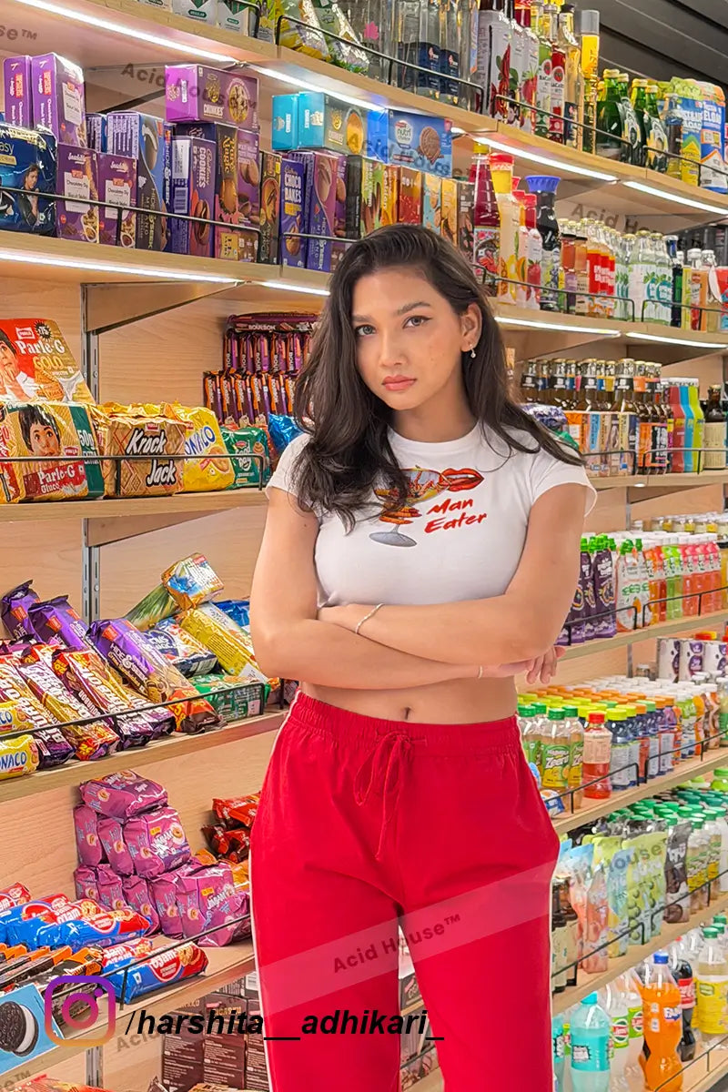 Women’s “Man Eater” Graphic Baby Tee – Y2K Aesthetic Fitted White Crop Top