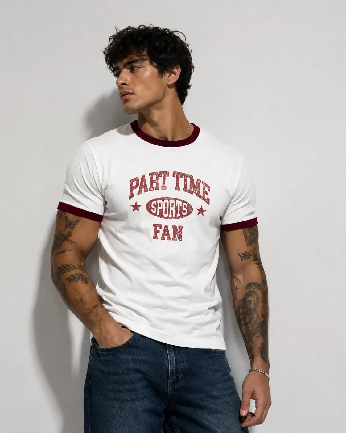 Part Time Sports Fan Ringer T-Shirt – White & Maroon Vintage Graphic Tee