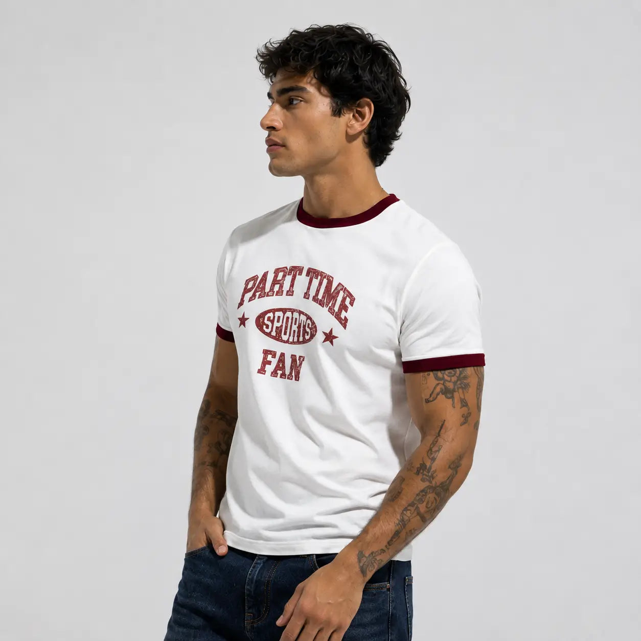 Part Time Sports Fan Ringer T-Shirt – White & Maroon Vintage Graphic Tee
