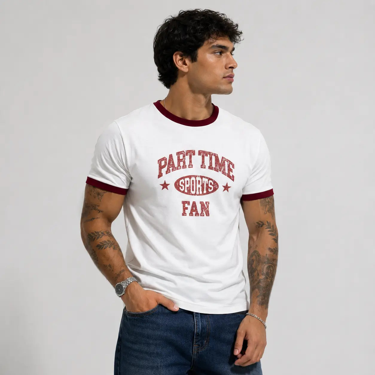 Part Time Sports Fan Ringer T-Shirt – White & Maroon Vintage Graphic Tee