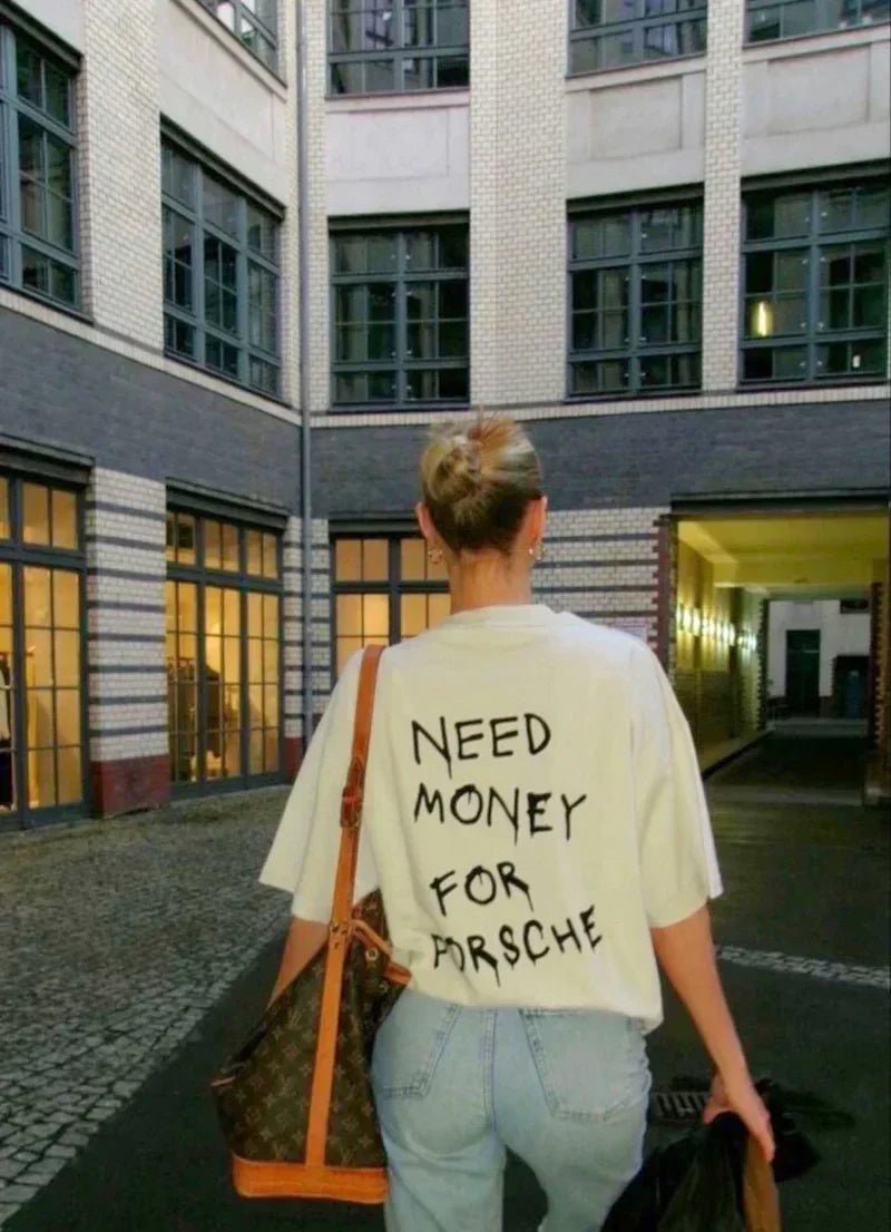 Need Money For Porsche Regular Fit T-shirt for Women | White Funny Graphic Tee - Acid House™
