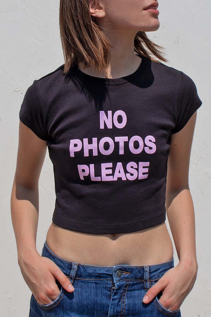 "No Photos Please" Baby Tee – Black Graphic Crop Top for Women | Tumblr Aesthetic Y2K Streetwear - Acid House™ (formerly Zyra Drip)