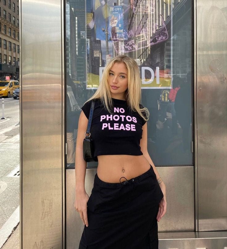 "No Photos Please" Baby Tee – Black Graphic Crop Top for Women | Tumblr Aesthetic Y2K Streetwear - Acid House™ (formerly Zyra Drip)