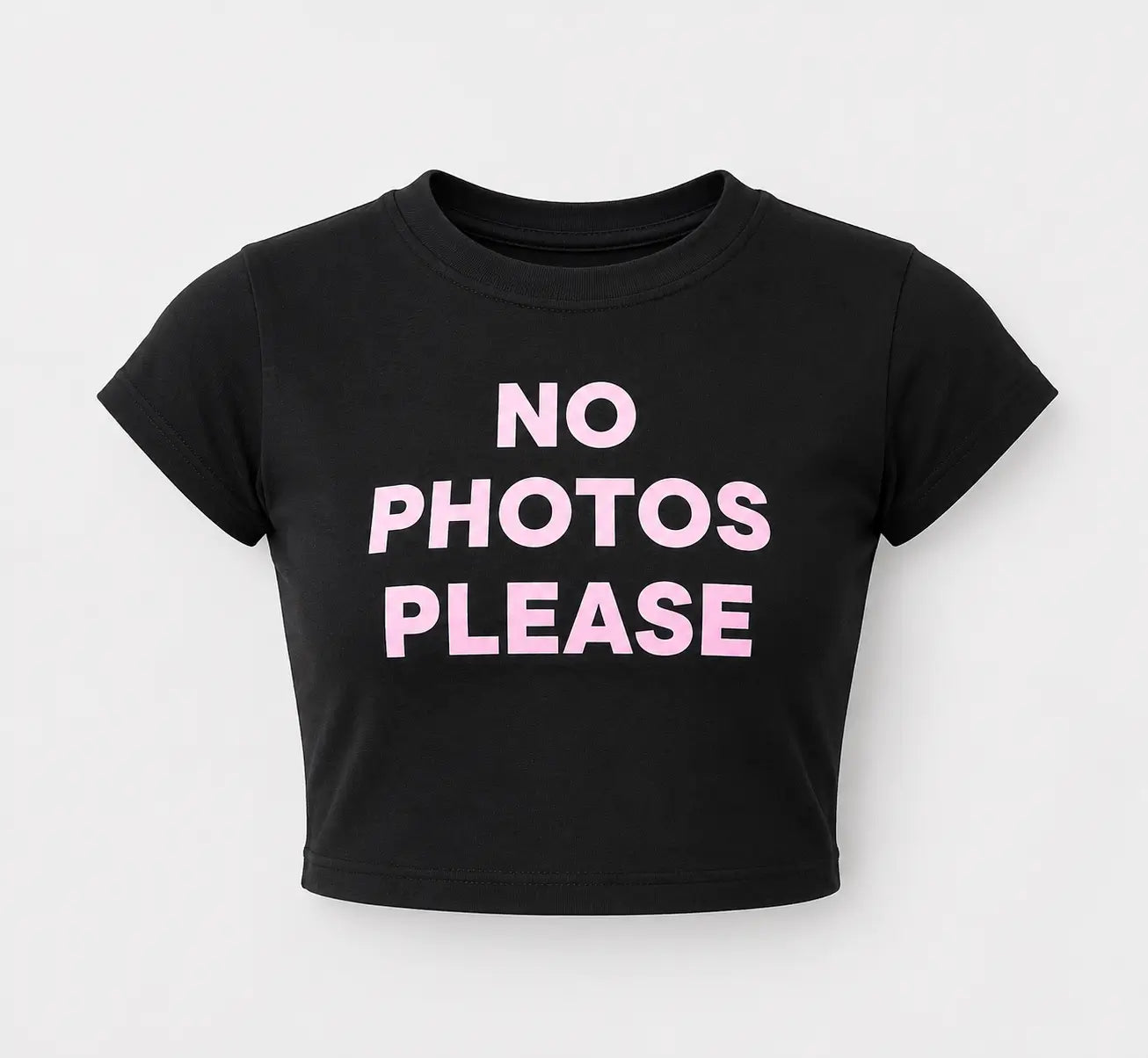 "No Photos Please" Baby Tee – Black Cotton Crop Top