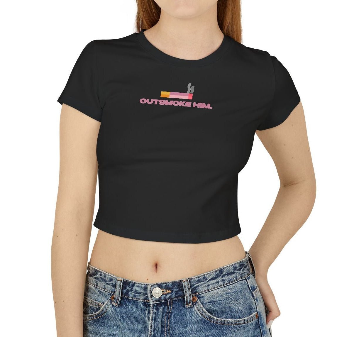 Outsmoke Him Graphic Baby Tee for Women – Black Fitted Crop Top - Acid House™ (formerly Zyra Drip)