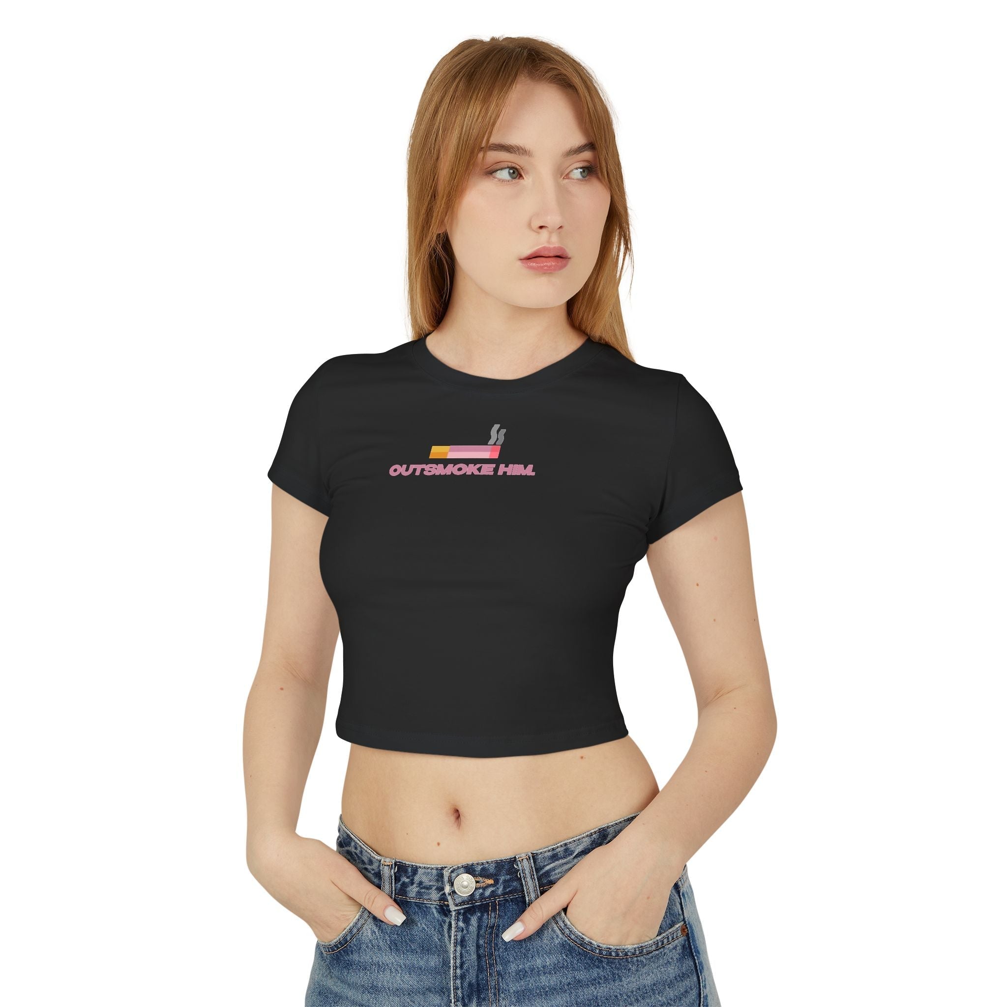 Outsmoke Him Graphic Baby Tee for Women – Black Fitted Crop Top - Acid House™ (formerly Zyra Drip)