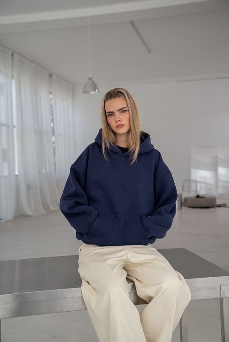 Oversized Navy Blue Hoodie for Women | 400 GSM Heavyweight Cotton Drop Shoulder - Acid House™ (formerly Zyra Drip)