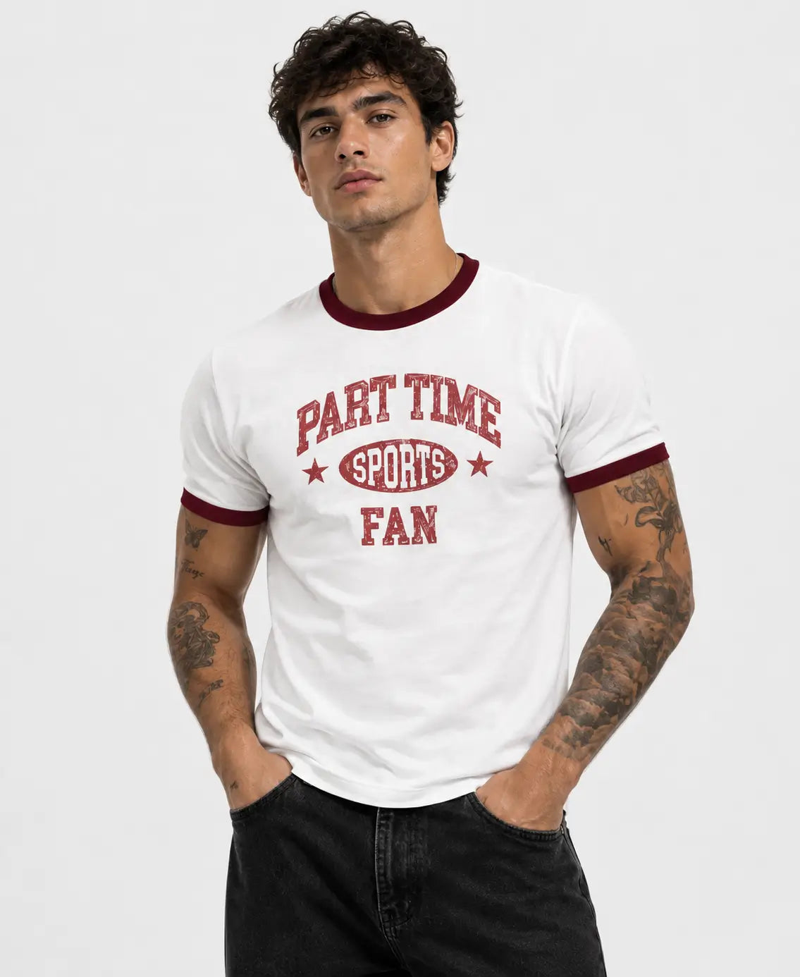 Part Time Sports Fan Ringer T-Shirt – White & Maroon Vintage Graphic Tee