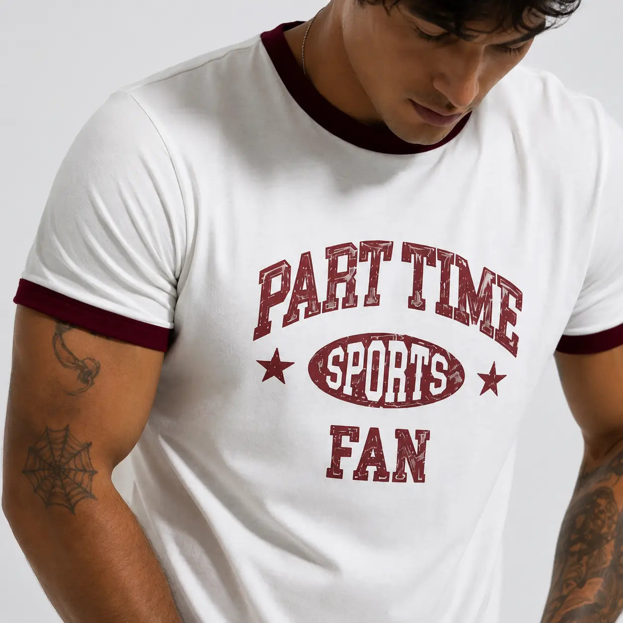 Part Time Sports Fan Ringer T-Shirt – White & Maroon Vintage Graphic Tee