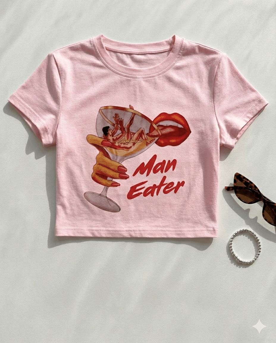Pink Graphic Baby Tee for Women – Man Eater Print Y2K Aesthetic Slim Fit Crop Top - Acid House™ (formerly Zyra Drip)