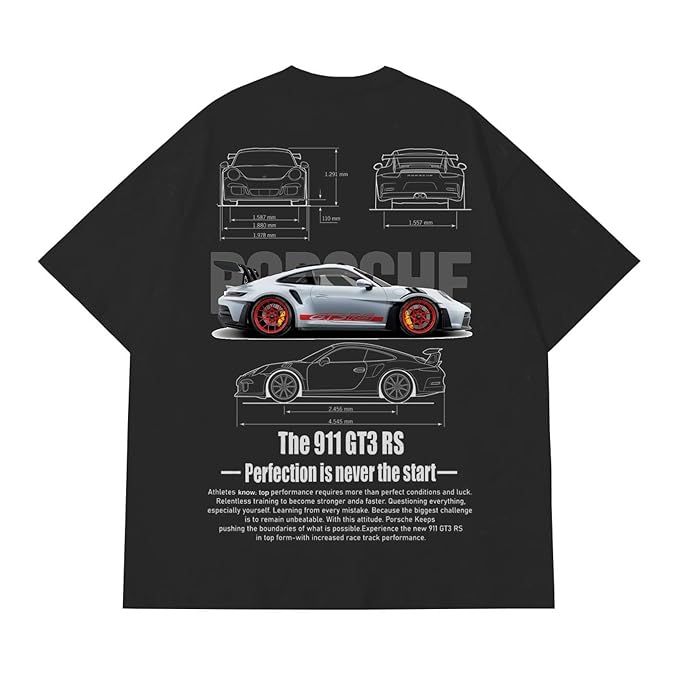 Porsche 911 GT3 RS Oversized T-Shirt – White Supercar Blueprint Graphic Tee - Acid House™ (formerly Zyra Drip)