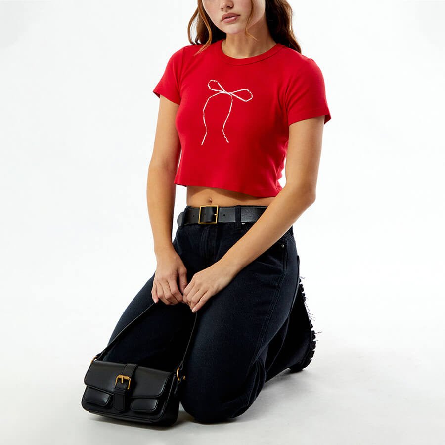 Red Bow Baby Tee for Women – Cute Graphic Cropped Red Tee - Acid House™ (formerly Zyra Drip)