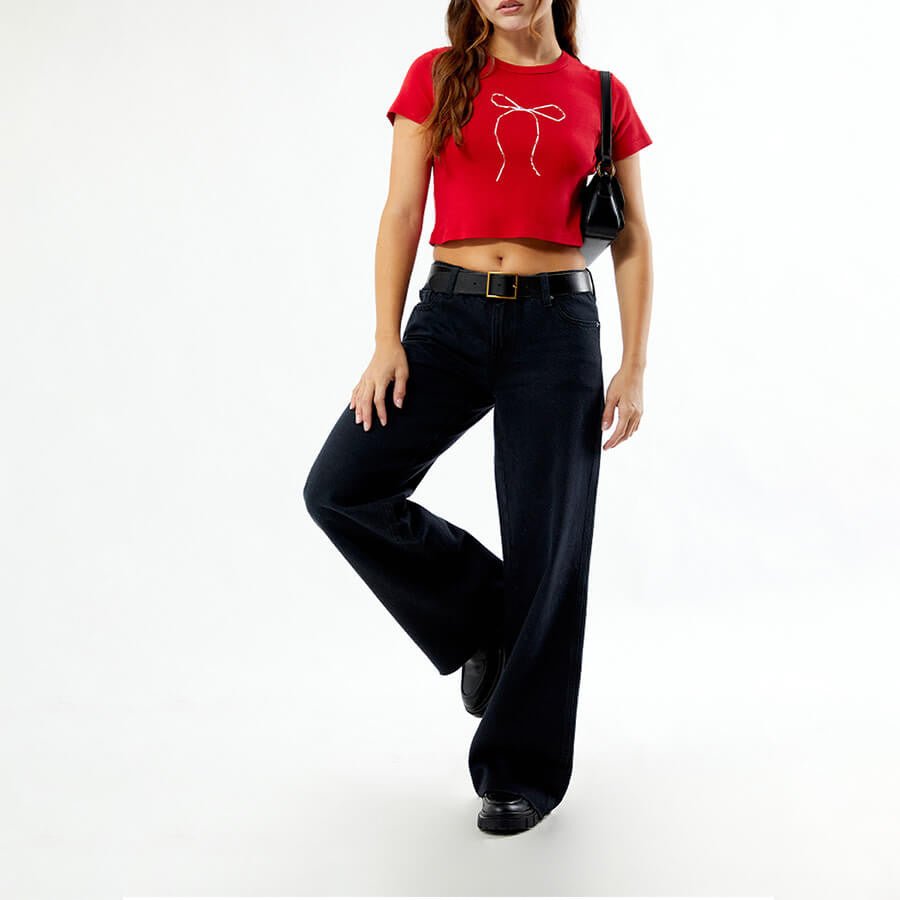 Red Bow Baby Tee for Women – Cute Graphic Cropped Red Tee - Acid House™ (formerly Zyra Drip)