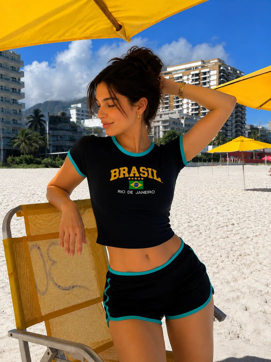 Brasil Rio de Janeiro Ringer Crop Top for Women – Black & Teal