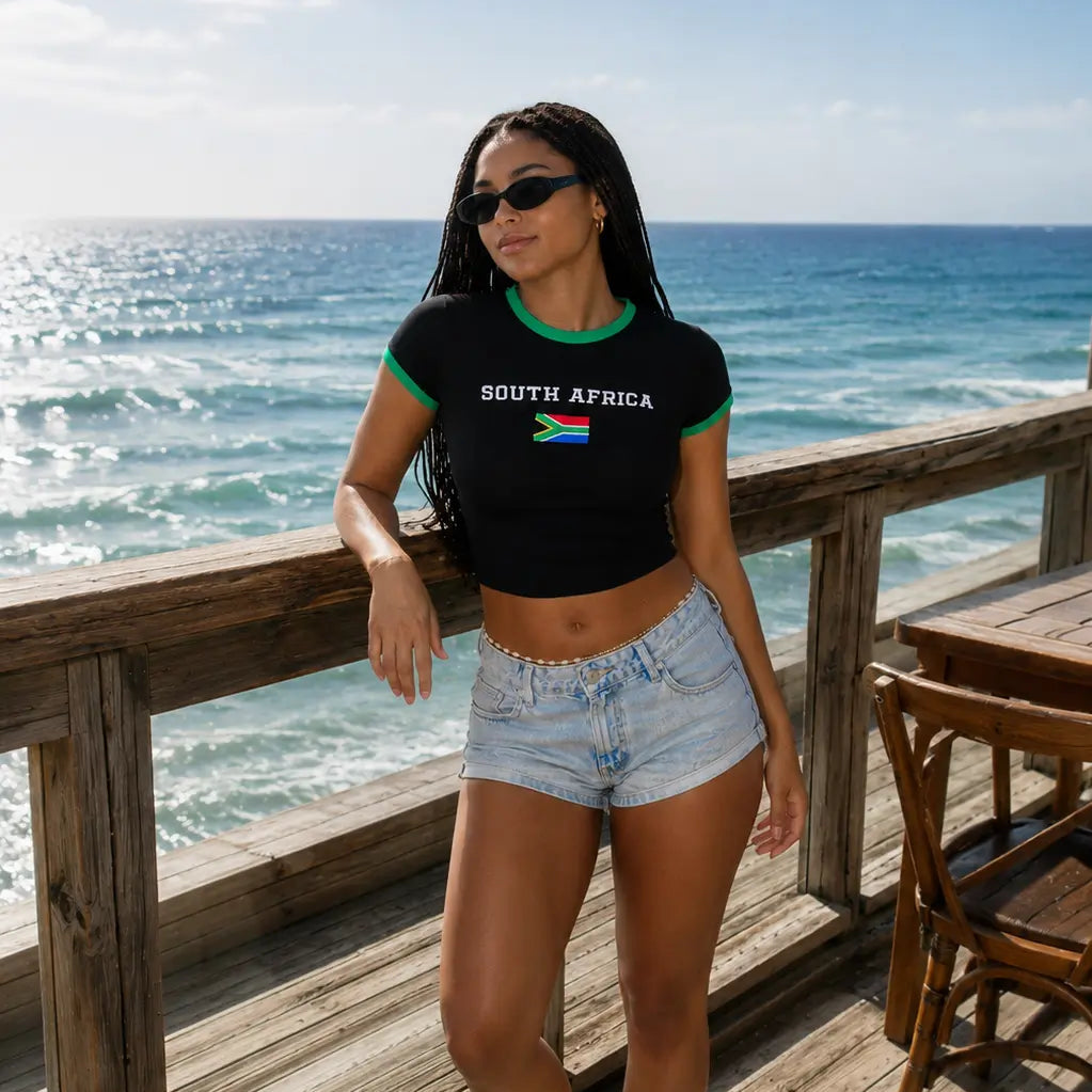 South Africa Flag Baby Tee – Black Ringer Crop Top for Women