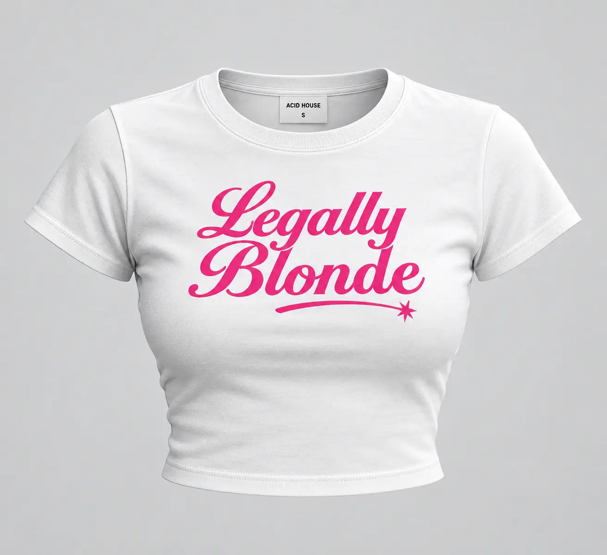 Legally Blonde White Baby Tee – Pink Graphic Fitted Crop Top