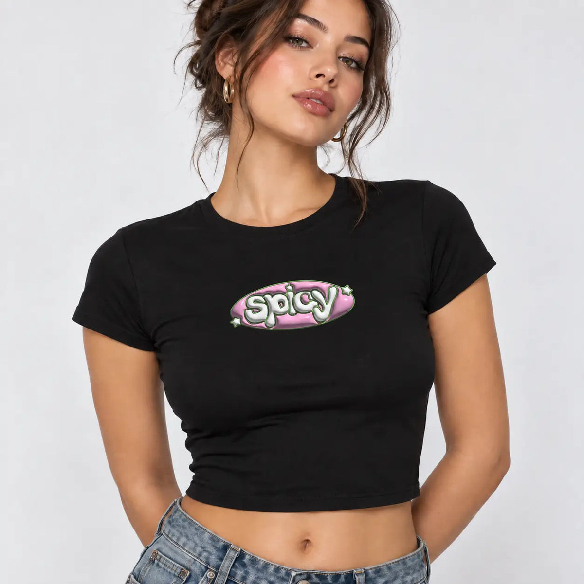 Spicy Black Baby Tee for Women – Fitted Cotton Lycra Crop T-Shirt