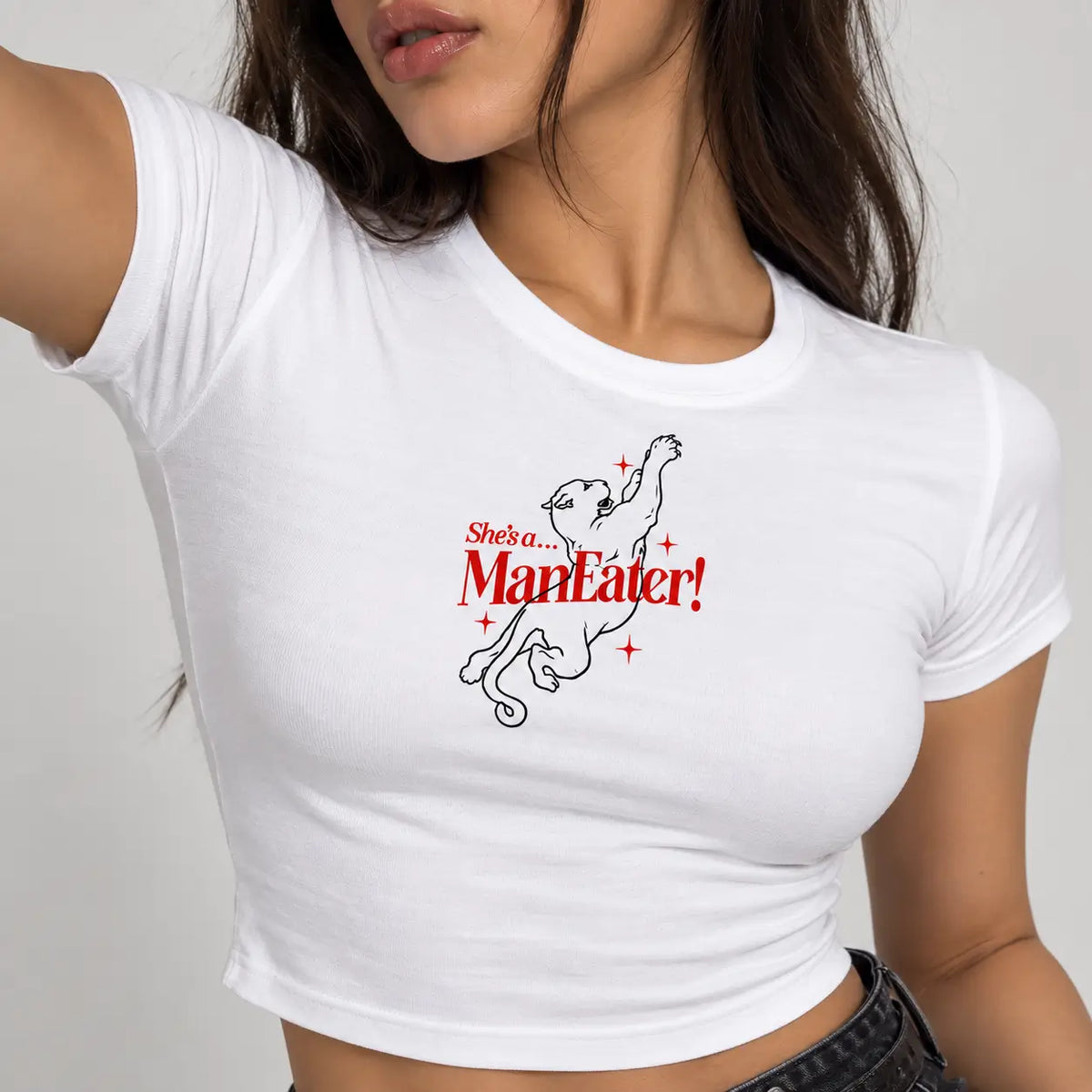 She’s a Man Eater Graphic White Baby Tee for Women
