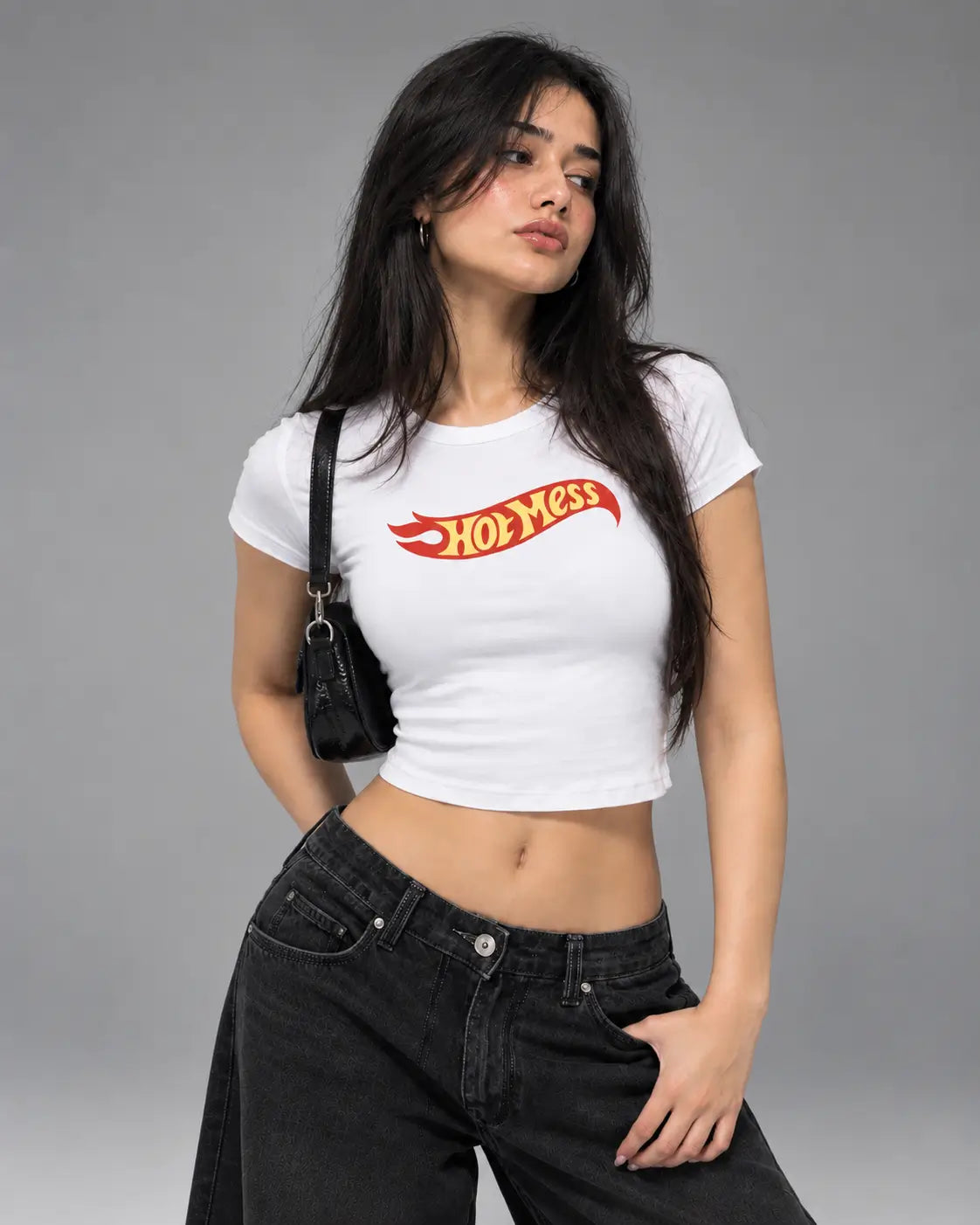 Hot Mess White Baby Tee for Women – Graphic Fitted Crop Top