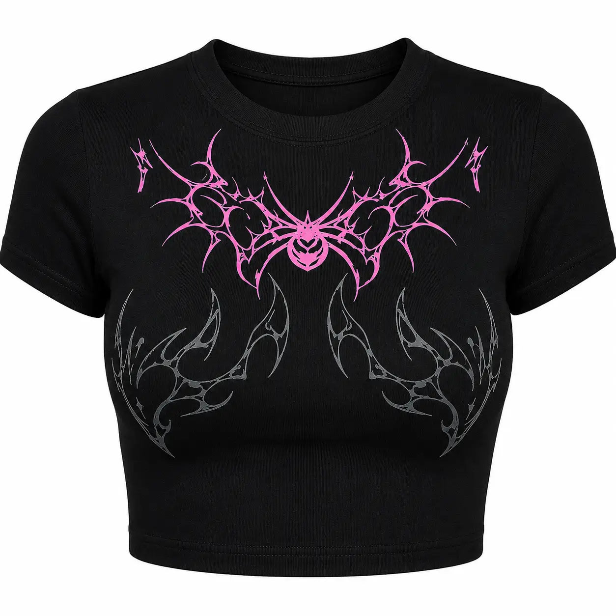 Tribal Graphic Baby Tee for Women | Black Fitted Crop Top | Acid House