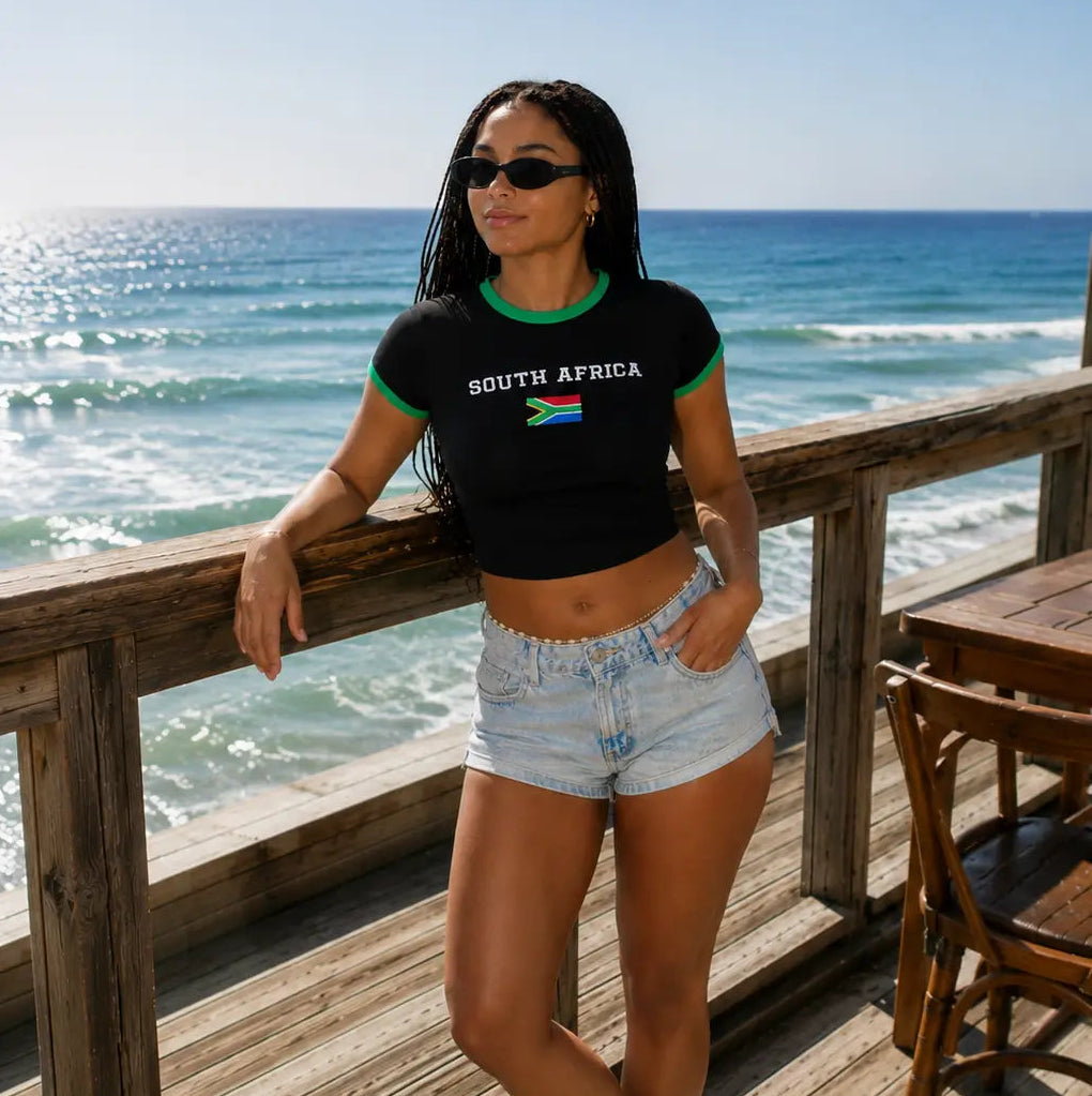 South Africa Flag Baby Tee – Black Ringer Crop Top for Women