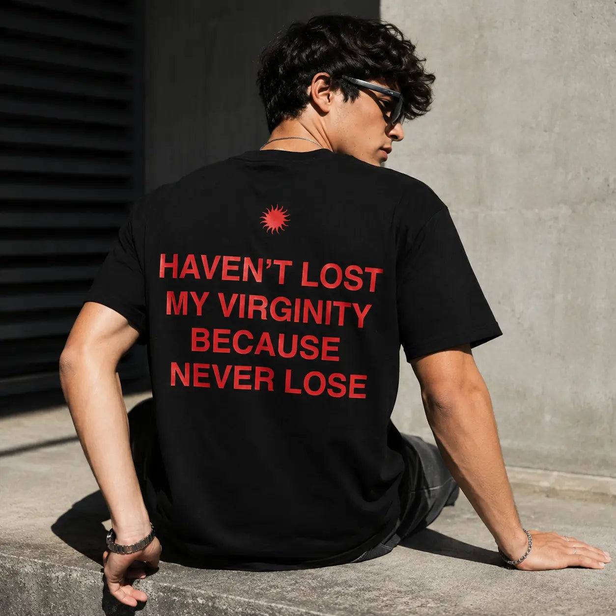 Haven't Lost My Virginity Because Never Lose Black Graphic Oversized T-Shirt | Acid House