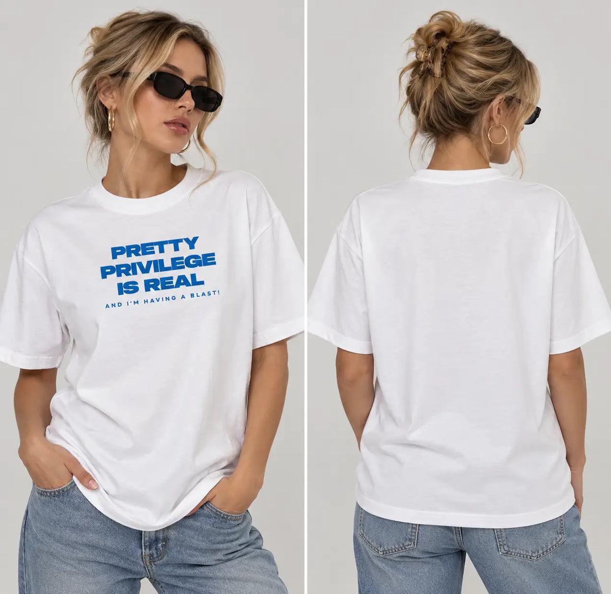 Pretty Privilege Is Real White T-Shirt | Blue Graphic Regular Fit Tee | Acid House