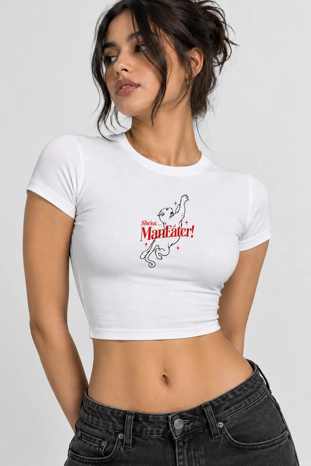 She’s a Man Eater Graphic White Baby Tee for Women