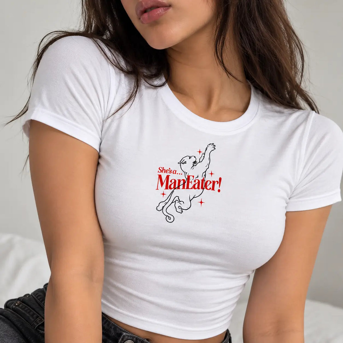 She’s a Man Eater Graphic White Baby Tee for Women