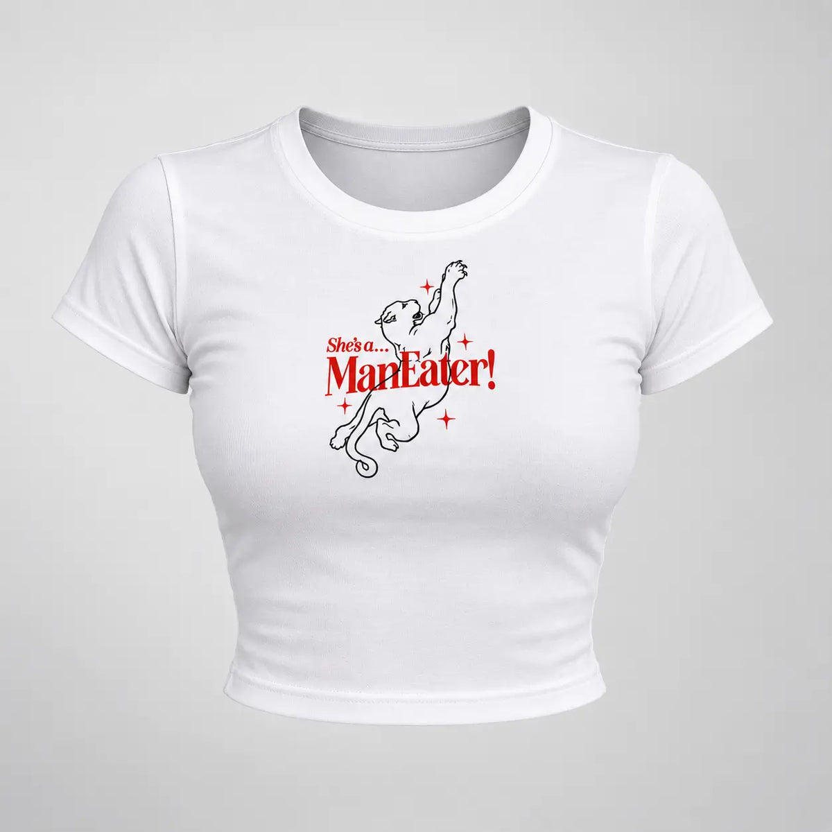 She’s a Man Eater Graphic White Baby Tee for Women
