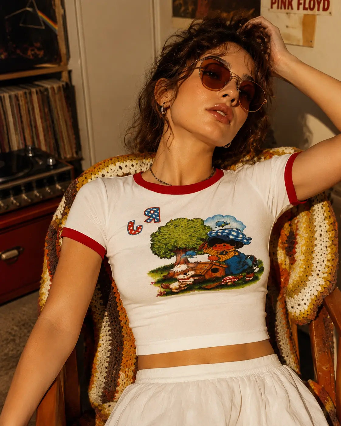 Vintage Retro Ringer Crop Top for Women | White Baby Tee with Red Contrast Trim