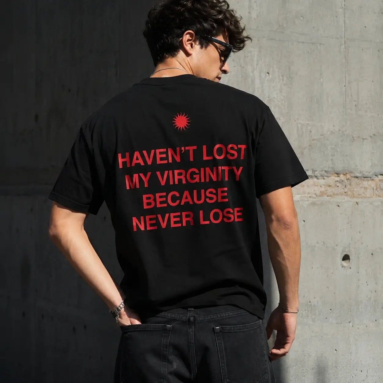 Haven't Lost My Virginity Because Never Lose Black Graphic Oversized T-Shirt | Acid House