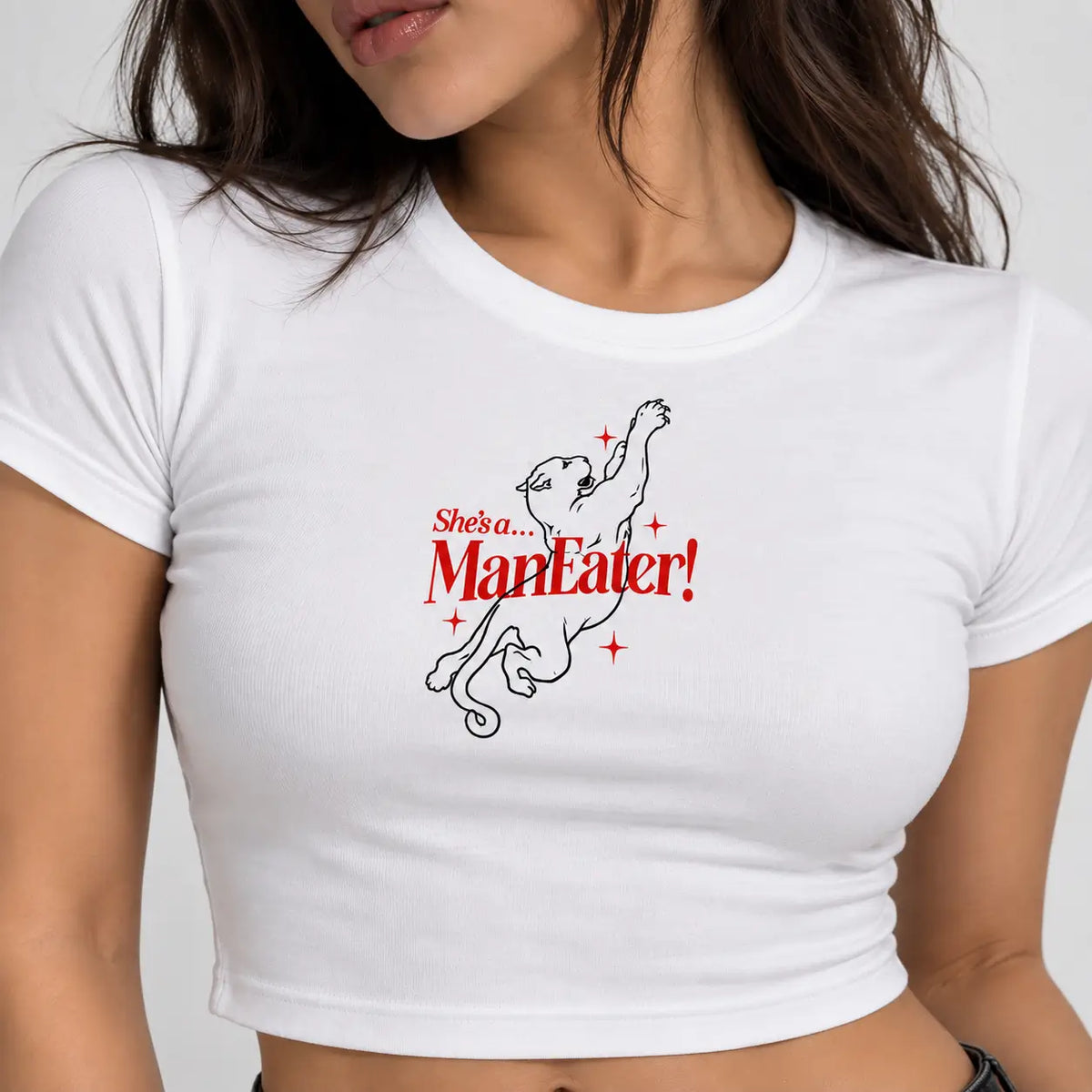 She’s a Man Eater Graphic White Baby Tee for Women