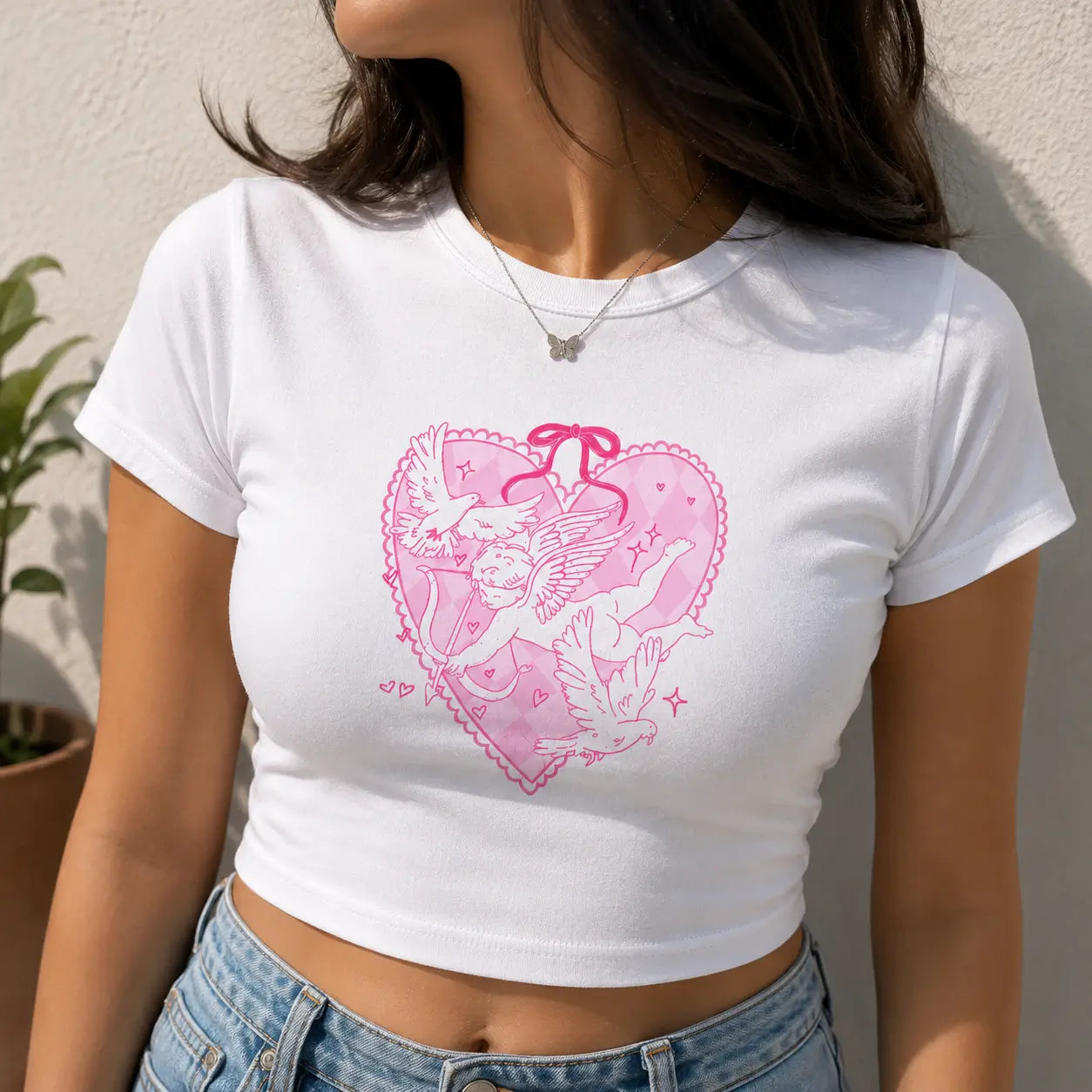 Cupid Heart Graphic White Baby Tee – Women’s Fitted Crop T-Shirt