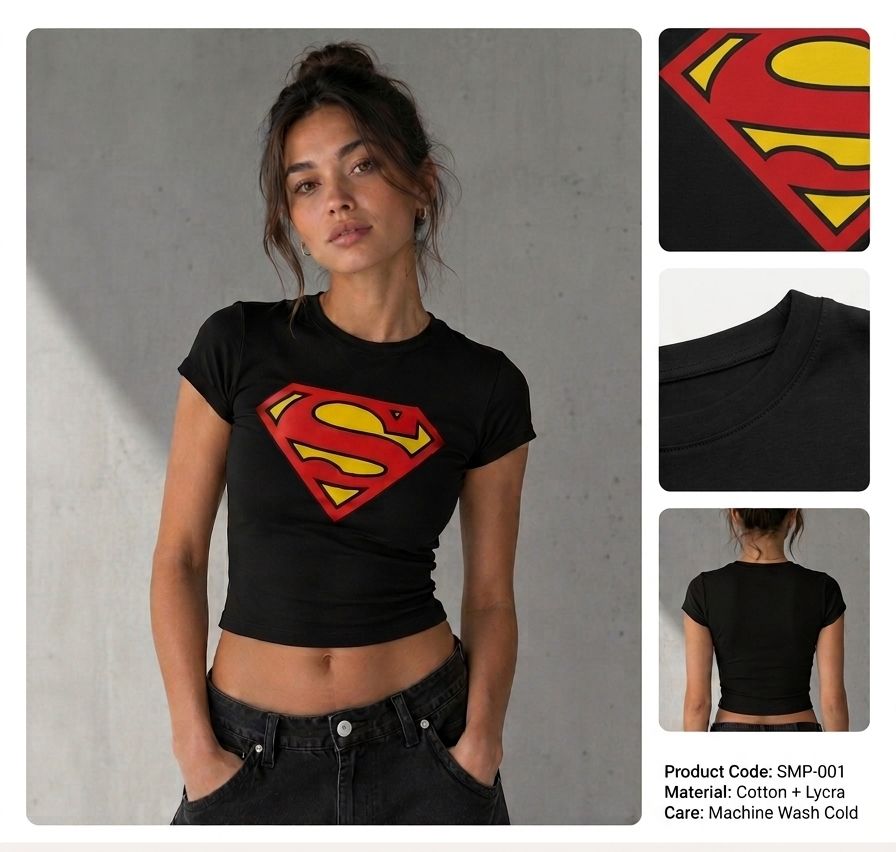 Superhero Logo Black Baby Tee for Women | Slim Fit Graphic Crop Top - Acid House™ (formerly Zyra Drip)