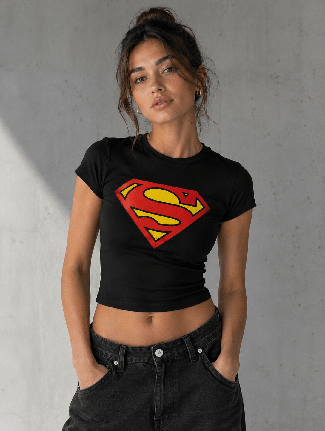 Superhero Logo Black Baby Tee for Women | Slim Fit Graphic Crop Top - Acid House™ (formerly Zyra Drip)