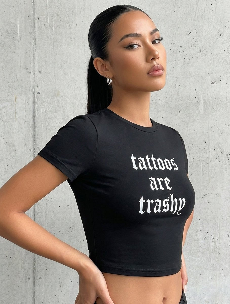 Tattoos Are Trashy Black Baby Tee for Women - Acid House™ (formerly Zyra Drip)