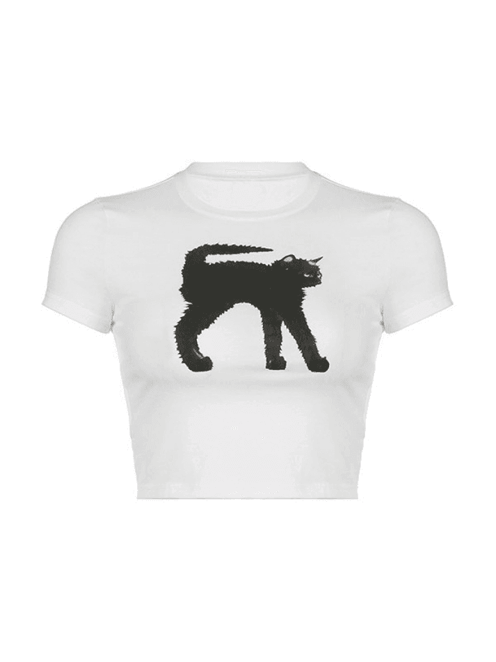 Trendy Black Cat Baby Tee White Crop Top for Gen Z Girls - Acid House™ (formerly Zyra Drip)