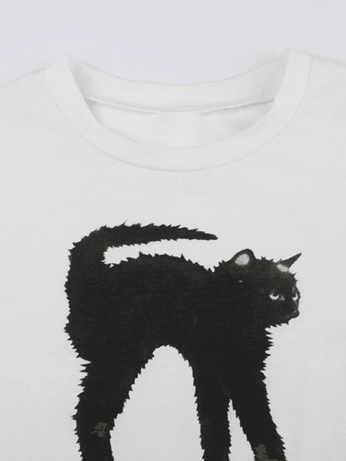 Trendy Black Cat Baby Tee White Crop Top for Gen Z Girls - Acid House™ (formerly Zyra Drip)
