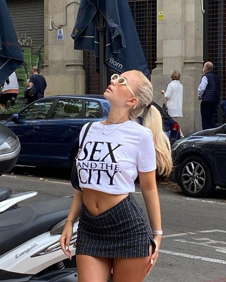 Trendy Sex and the City Crop Top White Graphic Baby Tee | Stylish Tee for Gen Z Fans - Acid House™ (formerly Zyra Drip)