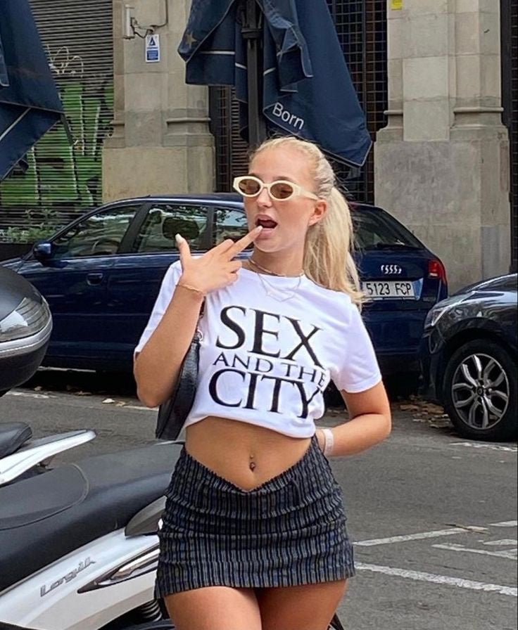 Trendy Sex and the City Crop Top White Graphic Baby Tee | Stylish Tee for Gen Z Fans - Acid House™ (formerly Zyra Drip)