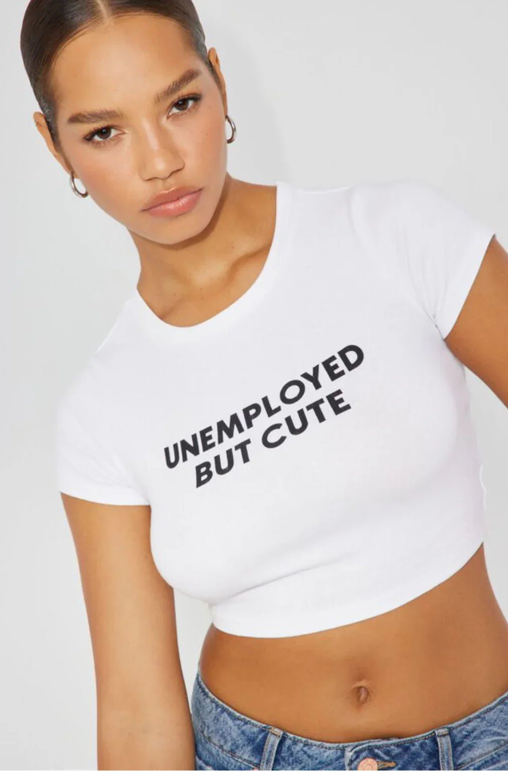 Trendy “Unemployed But Cute” Baby Crop Top – Color White - Acid House™ (formerly Zyra Drip)