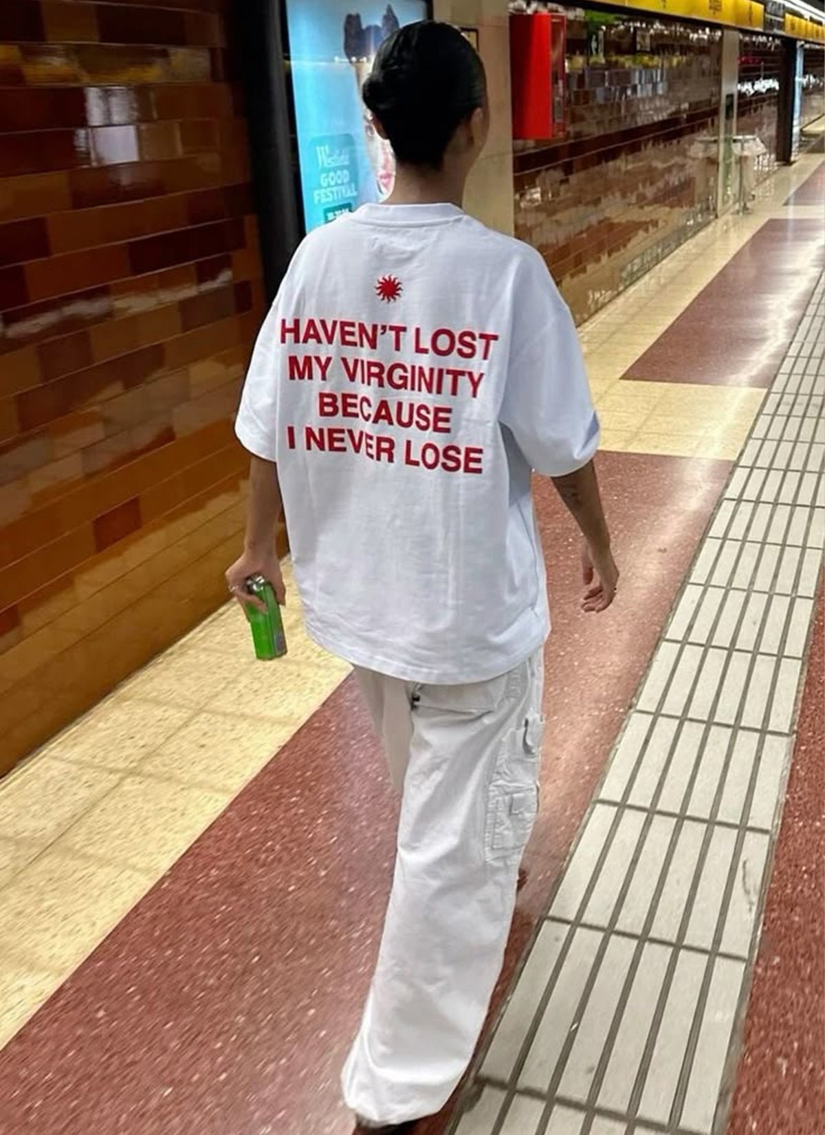 Trendy Women’s White Graphic Tee – “Haven’t Lost My Virginity Because I Never Lose” Funny Statement Shirt - Acid House™