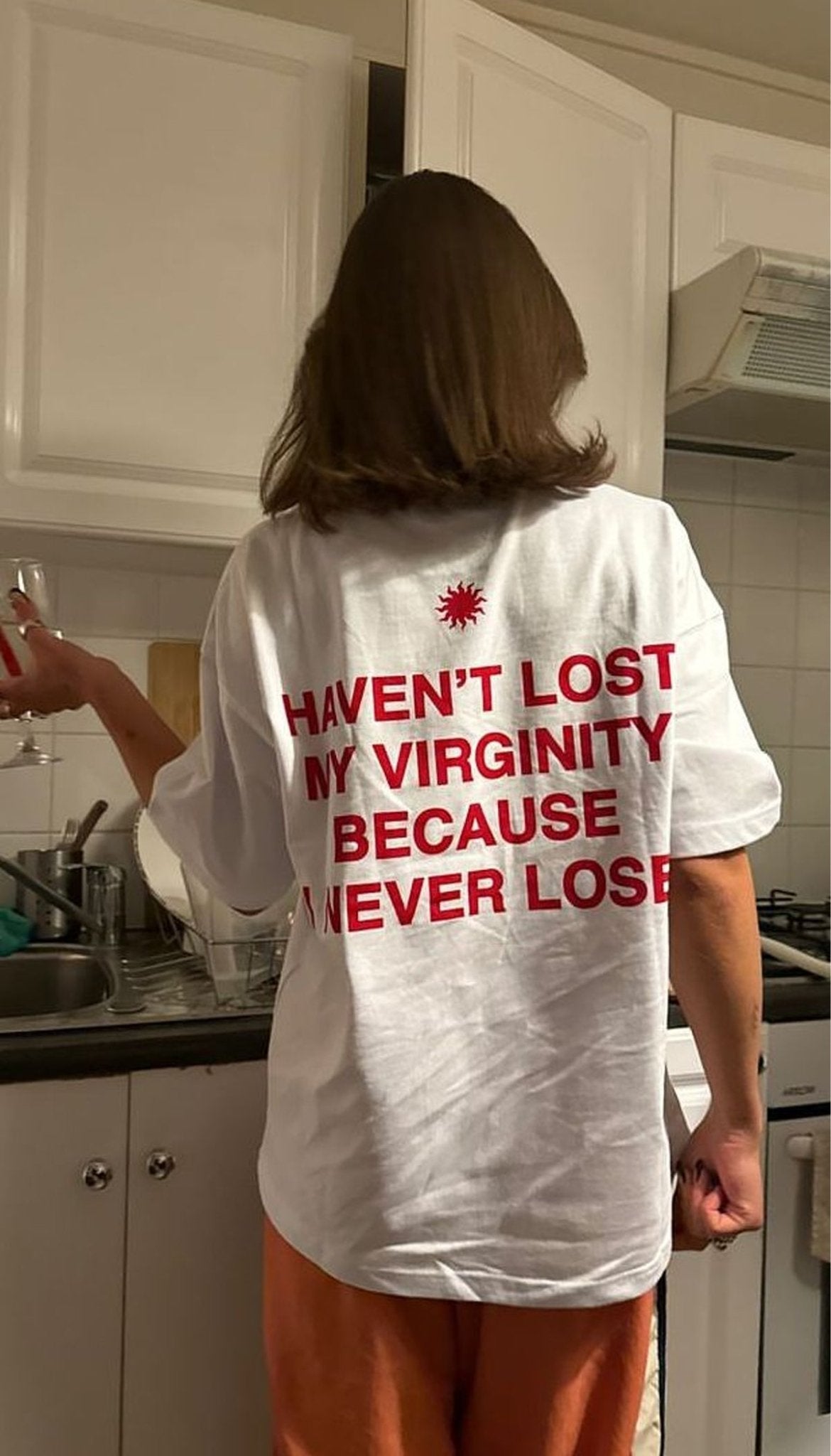 Trendy Women’s White Graphic Tee – “Haven’t Lost My Virginity Because I Never Lose” Funny Statement Shirt - Acid House™