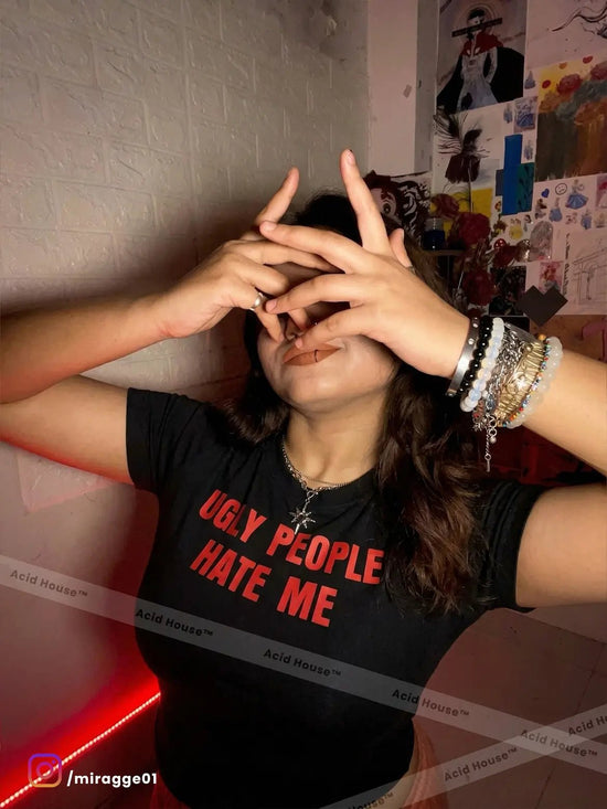 White Ugly People Hate Me fitted baby tee detail