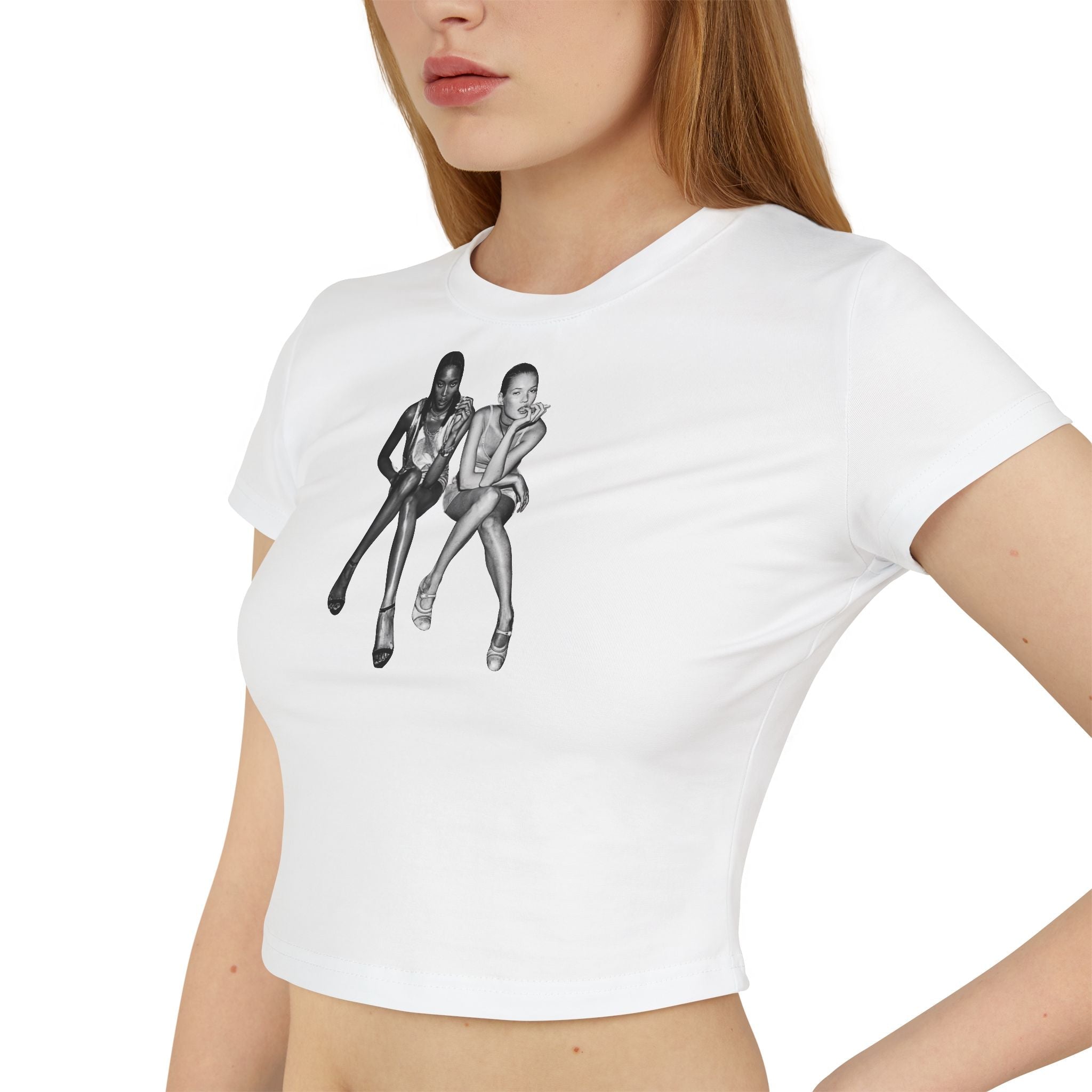 White Baby Tee with Retro Model Graphic – Cropped Streetwear Top | White - Acid House™ (formerly Zyra Drip)