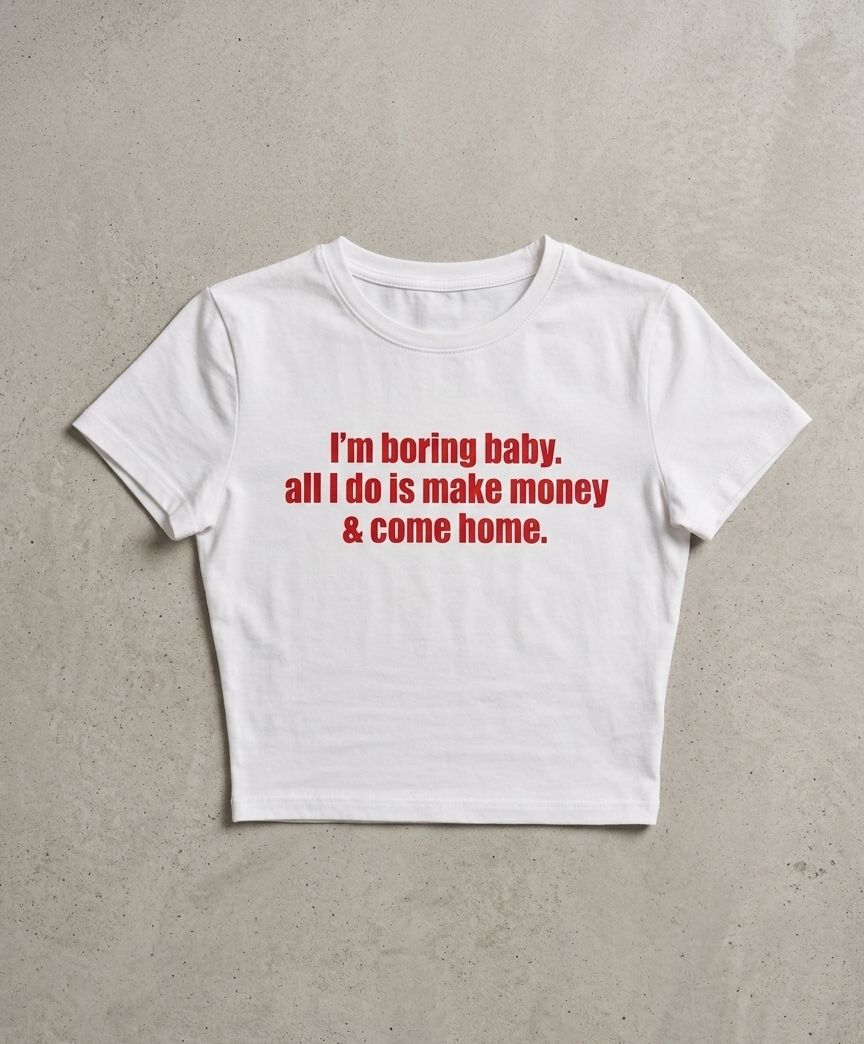 White “I’m Boring Baby” Graphic Baby Tee for Women – Fitted Cotton Crop T-Shirt - Acid House™ (formerly Zyra Drip)
