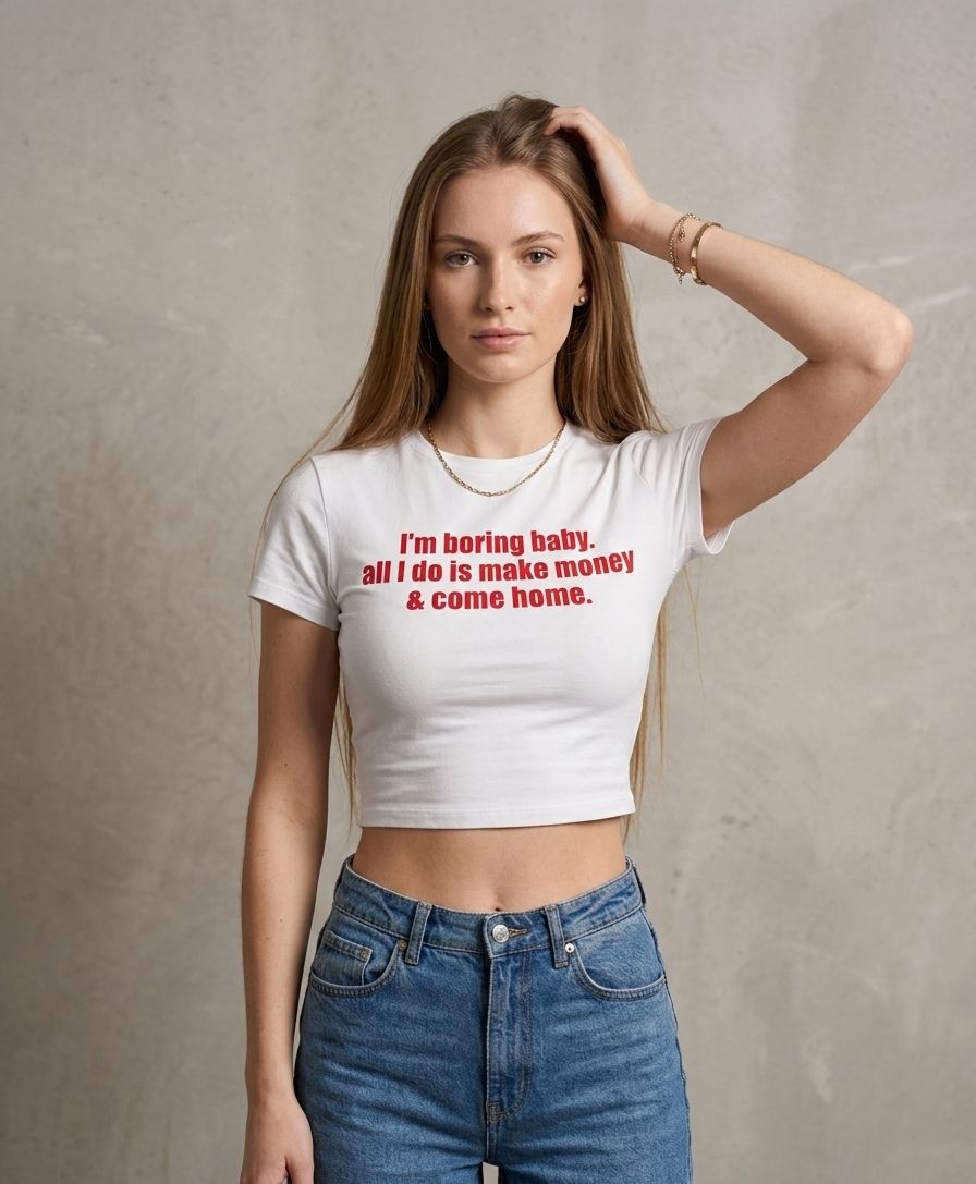 White “I’m Boring Baby” Graphic Baby Tee for Women – Fitted Cotton Crop T-Shirt - Acid House™ (formerly Zyra Drip)