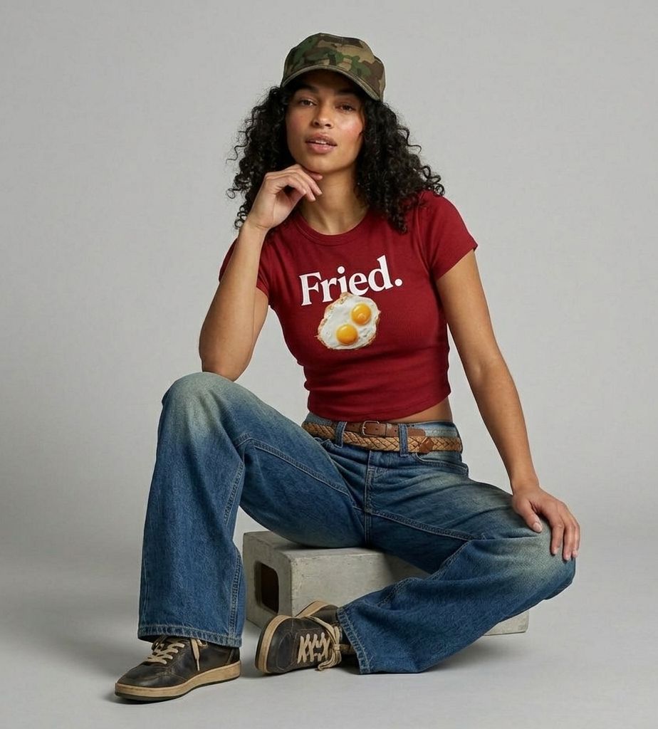 Women’s Red “Fried.” Baby Tee – Slim Fit Ribbed Crop Top with Egg Graphic - Acid House™ (formerly Zyra Drip)
