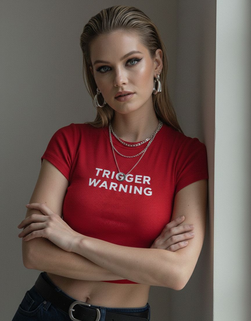 Women’s Red “Trigger Warning” Baby Tee – Slim Fit Ribbed Crop Top - Acid House™ (formerly Zyra Drip)